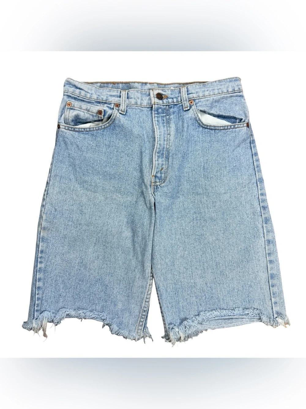 Vintage 90s Levi’s 550 Made In USA Light Wash Elongated Jean Shorts Size 33